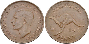 Австралия 1 пенни 1941 KG, Георг VI (1936-1952), кенгуру KM 36 бронза 4512-1125