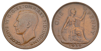 Великобритания 1 пенни 1939 Георг VI (1936-1952) KM 845, Spink 4114 бронза 4634-513