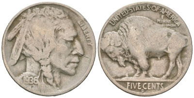 США 5 центов 1936 D, индеец, бизон KM 134 медно-никель 4614-1263