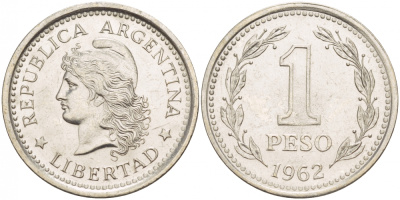 Аргентина 1 песо 1962 голова свободы влево KM 57 сталь плакированная никелем 4548-343