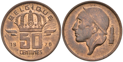 БЕЛЬГИЯ 50 САНТИМОВ 1970 BELGIQUE KM 148.1 бронза 4564-158
