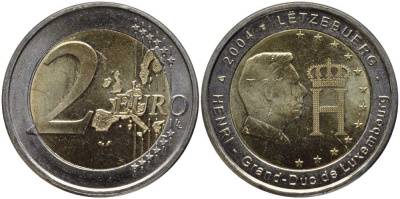 Люксембург 2 евро 2004 Портрет и монограмма герцога Люксембурга Анри Нассау KM 85 биметалл UNC 115-1244
