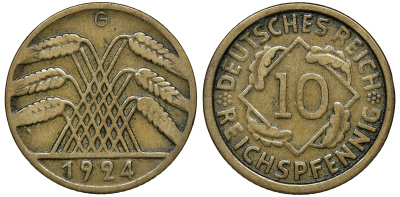 ГЕРМАНИЯ 10 РЕЙХСПФЕННИГОВ 1924 G KM 40, J. 317, Weege 9 алюминиевая бронза 72-1542