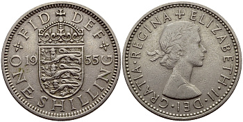 Великобритания 1 шиллинг 1955 Елизавета II (1952-2022), Английский герб KM 904, Spink 4147 медно-никель 83-1245