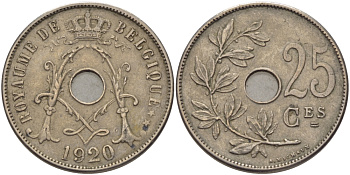 БЕЛЬГИЯ 25 САНТИМОВ 1920 BELGIQUE KM 68.1 медно-никель 28-242