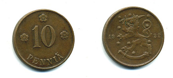 Финляндия 10 пенни 1922 республика (1918-1962) KM 24 медь 46-635
