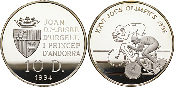 Андорра 10 динеров 1994 XXVI Олимпийские игры 1996 года велоспорт KM 95 серебро PROOF 01-167-43
