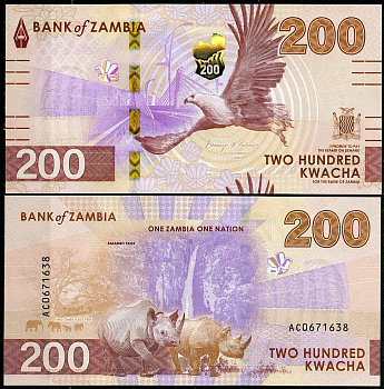 Замбия 200 квача 2024 орел, мост Казунгула, водопад, носорог Pick 66  бумага  UNC (пресс) 448-125-3