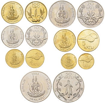 Вануату набор из 7 монет (1, 2, 5, 10, 20, 50 и 100 вату) 1983 и 1988 KM 3, 4, 5, 6, 7, 8 и 9 UNC 4683-631-636