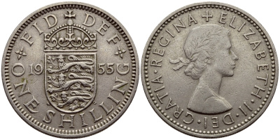 Великобритания 1 шиллинг 1955 Елизавета II (1952-2022), Английский герб KM 904, Spink 4147 медно-никель 83-1245
