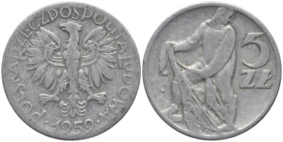 Польша 5 злотых 1959 MW, рыбак KM 47 алюминий 81-723