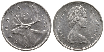 Канада 25 центов 1977 Елизавета II (1952-2022), олень карибу KM 62b никель 4364-145