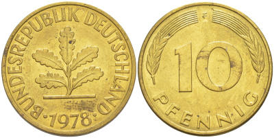 ФРГ 10 пфеннигов 1978 F KM 108, J. 383 сталь плакированная латунью 61-535