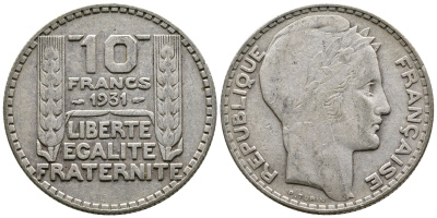 Франция 10 франков 1934 Пьер Тюрен KM 878, Le Franc 360.7 серебро 177-953