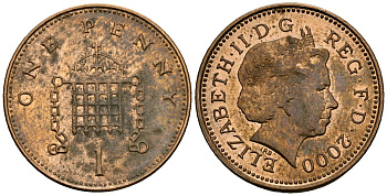 Великобритания 1 пенни 2000 Елизавета II (1952-2022) KM 986, Spink 4710 (B5) сталь плакированная бронзой 4167-1241