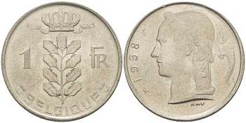 БЕЛЬГИЯ 1 ФРАНК 1958 BELGIQUE, БОДУЭН I (1951-1993) KM 142.1 медно-никель 3856-934