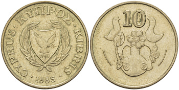 КИПР 10 ЦЕНТОВ 1985 ВАЗА С ПТИЧКАМИ KM 56.2 никель латунь 67-612