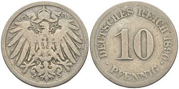 ГЕРМАНИЯ 10 ПФЕННИГОВ 1890 J KM 12, J. 13 медно-никель 4401-917