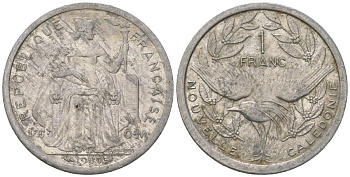 Французская Новая Каледония 1 франк 1999 птица кагу, (IEOM) KM 10, Schoen 10, Lec 52d алюминий 41-817