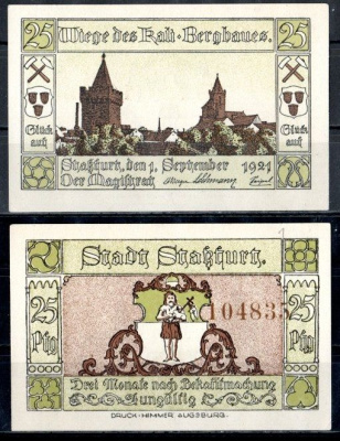 Штасфурт (Пруссия, Саксония) 25 пфеннигов 1921 Mehl Grabowski 1256.2c-4/6 бумага UNC (пресс) 7556-69-1-2