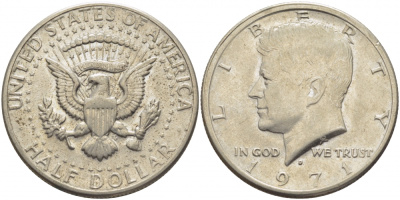 США 1/2 доллара (50 центов) 1971 D, Джон Кеннеди KM 202b медь плакированная медно-никелем 109-743