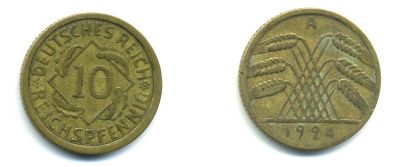 ГЕРМАНИЯ 10 РЕЙХСПФЕННИГОВ 1924 A KM 40, J. 317, Weege 9 алюминиевая бронза 46-1414