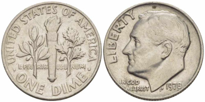 США 10 центов (дайм) 1978 Рузвельт KM 195а медь плакированная медно-никелем  105-661