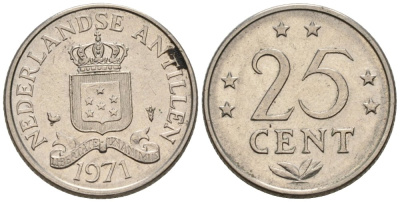 Нидерландские Антилы 25 центов 1971 Юлиана (1948-1980) KM 11 никель 4577-423
