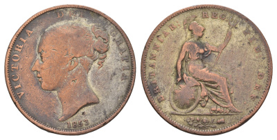 Великобритания 1 пенни 1853 Виктория (1837-1901) KM 739, Spink 3948 медь 4653-916