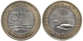 Португалия 200 эскудо 1997 EXPO-98, дельфины KM 694 биметалл 4536-912
