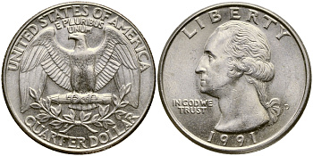 США 25 ЦЕНТОВ = КВОТЕР 1991 D, ВАШИНГТОН KM А164а медь плакированная медно-никелем 4388-232