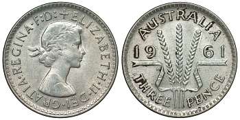 Австралия 3 пенса 1961 m, Елизавета II (1952-2022) KM 57 серебро 71-818