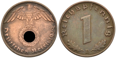 Германия 1 рейхспфенниг 1939 B KM 89, J. 361 бронза 4567-1066