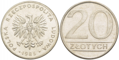 ПОЛЬША 20 ЗЛОТЫХ 1985 MW KM 153.1 медно-никель 213-841