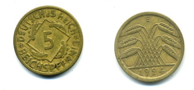 ГЕРМАНИЯ 5 РЕЙХСПФЕННИГОВ 1924 E, KM 39, J. 316 алюминиевая бронза 46-2135