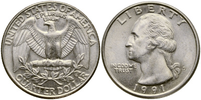 США 25 ЦЕНТОВ = КВОТЕР 1991 D, ВАШИНГТОН KM А164а медь плакированная медно-никелем 4388-232