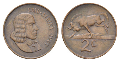 ЮАР 2 цента 1967 Ян ван Рибек (1619-1677), Suid Africa, легенда на африкаанс, антилопа гну KM 66.2 бронза 4702-839