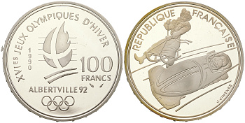 Франция 100 франков 1990 XVI Зимние Олимпийские игры 1992 в Альбервиле, слалом KM 984 серебро  PROOF  11-082-45