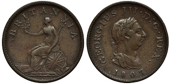 Великобритания 1 фартинг 1807 Георг III (1760-1820) KM 661, Spink 3782 медь 00-00