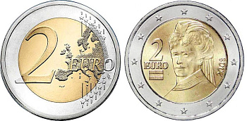 Австрия 2 евро 2008 Берта фон Зутнер KM 3143 биметалл UNC M44-19