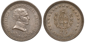 Уругвай 25 сентесимо 1960 KM 40 медно-никель 4169-1022