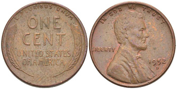 США 1 ЦЕНТ 1952 D, ЛИНКОЛЬН KM А132 медь цинк 218-965