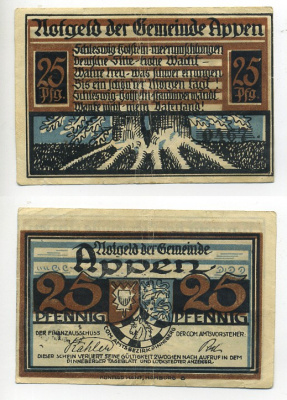 АППЕН 25 ПФЕННИГОВ 1921 НОТГЕЛЬД, ЗЕМЛЯ ШЛЕЗВИГ-ГОЛЬШТЕЙН Grabowski 39.1 бумага 7217-53-4