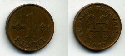 Финляндия 1 пенни 1963 первый год KM 44 медь 61-1151