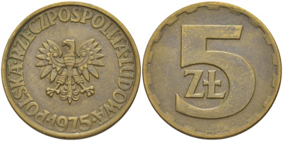 ПОЛЬША 5 ЗЛОТЫХ 1975 ЛЕНИНГРАДСКИЙ МОНДВОР KM 81.1 латунь 175-1215