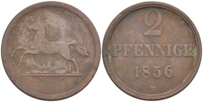 БРАУНШВЕЙГ-ВОЛЬФЕНБЮТТЕЛЬ 2 ПФЕННИГА 1856 В, ВИЛЬГЕЛЬМ (1831-1884) KM 1143 медь 210-155