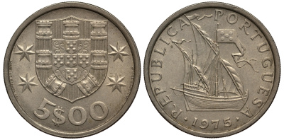 ПОРТУГАЛИЯ 5 ЭСКУДО 1977 ПАРУСНИК KM 591 медно-никель VF 4182-556