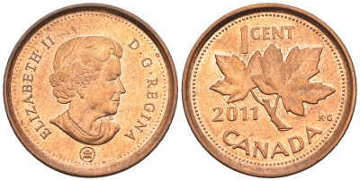 Канада 1 цент 2011 Елизавета II (1952-2022), кленовый лист KM 490 цинк плакированный медью 4609-427