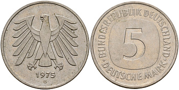 ФРГ 5 марок 1975 G, монетный двор Карлсруэ КМ 140.1, J. 415 медно-никель плакированный никелем 4157-233