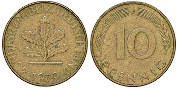 ФРГ 10 пфеннигов 1979 J KM 108, J. 383 сталь плакированная латунью 4132-553